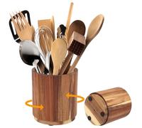 Yallmie Pot à Ustensile de Cuisine, 15x16,7cm Porte Ustensiles en Bois avec Rotation à 360°, Support Couverts Vertical Range Ustensiles Cuisine pour Couteaus, Fourchette, Cuillères et Baguettes