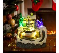 Yallmie Village de Noel Lumineux, Village de Noel Miniature avec LED, Musical et Treno Tournant Animé, Alimentation par Batterie et USB Village Noel Petite maisons de Noël pour Fête de Noël Decoration