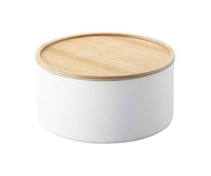 YAMAZAKI 5803 RIN Storage Case with Lid Round Deep, white, Steel/Wood, 22 x 22 x 11 cm