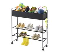 Tower Yamazaki Chariot de rangement avec panier, en acier - pour plantes, chaussures et jouets, avec crochets et séparation - 22 x 74.5 x 74,5 cm, design japonais, noir