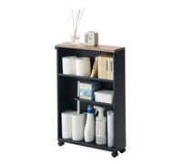 Yamazaki Tower Chariot de Rangement et Semi-fermée, en Acier - avec roulettes et poignée, Plateau en Bois, 3 Niveaux, Rangement Discret, Salle de Bain - 47,5 x 13 x 68 cm, Design Japonais, Noir