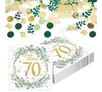 Yamitora Lot de 40 serviettes en papier pour 70e anniversaire - Motif eucalyptus - Avec confettis - Décoration de table pour homme et femme