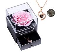 Yamonic Rose Eternelle avec Bijoux Coffret Cadeau Femme,Rose Préservée avec Collier Femme,Fleur Éternelle Cadeau Anniversaire Femme, Cadeaux Maman,Cadeaux Noel Saint-Valentin Fête des Mères,Vraie Rose