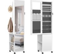 YARDIN Miroir Armoire à bijoux Rangement pour bijoux avec lampes LED et serrure de sécurité Armoire à glace sur pied 3 en 1 avec roulettes et étagères 36 x 40 x 170 cm Blanc