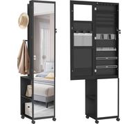 YARDIN Miroir armoire à bijoux Rangement pour bijoux avec lampes LED et serrure de sécurité Armoire à glace sur pied 3 en 1 avec roulettes et étagères 36 x 40 x 170 cm Noir