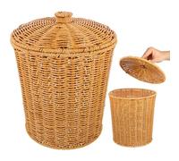 Yardwe Corbeille à papier en rotin avec couvercle - organisateur d'articles ménagers divers tressé, pour la maison, salon, bureau ou chambre à coucher, en PP