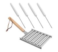YARNOW Support à Hot-dog en Acier Inoxydable Détachable avec Roulettes et Manche en Bois, Ensemble Barbecue 5 Pièces Facile à Transporter pour Usage Extérieur