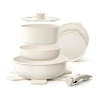 YASHE Batterie de Cuisine 9 Pièces avec Poignée Amovible, Set de Casseroles et Poêles Antiadhésive Blanc Crème Effet Granite, Induction, Faitout avec Couvercle, Gain de Place, Passe au Four