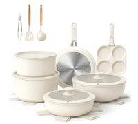 YASHE Batterie de Cuisine Induction Antiadhésive - Blanc, 20 Pièces | Non Toxique et sans PTFE ni PFAS; Poignée Amovible; Passe au Four; Rangement Empilable; Nettoyage Facile