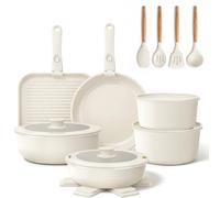 YASHE Batterie de Cuisine Induction Antiadhésive - Blanc, 21 Pièces | Non Toxique et sans PTFE ni PFAS; Poignée Amovible; Passe au Four; Rangement Empilable; Nettoyage Facile