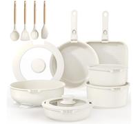 YASHE Batterie de Cuisine Induction Antiadhésive - Blanc, 21 Pièces | Non Toxique et sans PTFE ni PFAS; Poignée Amovible; Passe au Four; Rangement Empilable; Nettoyage Facile