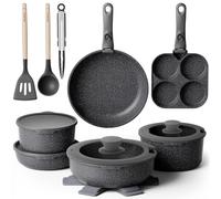 YASHE Batterie de Cuisine Induction Antiadhésive - Gris, 20 Pièces | Non Toxique et sans PTFE ni PFAS; Poignée Amovible; Passe au Four; Rangement Empilable; Nettoyage Facile