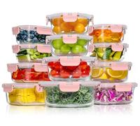 YASHE Boite Alimentaire Verre avec Couvercle Hermétique - Lot de 12 Lunch Box Verre Réutilisables, Sans BPA, Compatibles Micro-ondes, Four, Lave-vaisselle, Congélateur, Rose