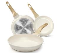 YASHE Lot de 3 poêles 20/24/28 cm, non toxique, sans PTFE ni PFAS | Aluminium moulé avec poignée effet bois; chauffe homogène; induction et tous feux; pour œufs, omelettes et viandes