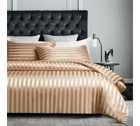 YASMENG Housse de Couette Satin 140x200 Beige Or Rayé Brillant Deluxe Parure de Lit Satin Doux Soyeux Soie Linge de Lit 1 Personne Adulte avec Fermeture Éclair avec Taie d'oreiller 65x65 cm