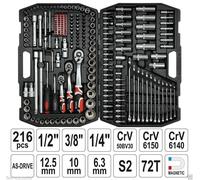YATO Coffret Outils Mécanicien 216 Pièces Noires 1/4 1/2 3/8