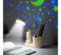 YATOSEEN Lampe de Bureau pour Enfant avec Projection Étoilée, Lampe d'étude avec Porte-stylo, Lamp de Table col de Cygne, Lumière de Chevet LED à Intensité Variable, Rechargeable 2