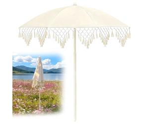 YAVYAV Parasol De Jardin Bohème 1.80m, Parasol En Macramé Et Franges Pour Terrasse Extérieur, Imperméable, Coupe-Vent, Anti-UV, Léger Et Amovible, Pour Plage Piscine Balcon