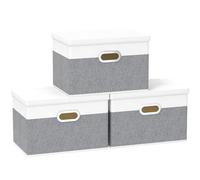 Yawinhe Boîte de Rangement avec Couvercle,Lot de 3,Blanc/Gris,45x30x30cm | Panier Rangement;Rangement Tissu avec Couvercle;Lavable Caisse avec Poignée;Sac de Rangement Non-Tissé pour Armoire