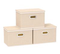 Yawinhe Lot de 3 Boîtes de Rangement,Beige Organisateur Armoire,45x30x30cm | Panier Rangement;Rangement Tissu avec Couvercle;Lavable Caisse avec Poignée;Sac de Rangement Non-Tissé pour Armoire