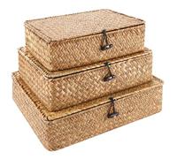 YAYODS Lot de 3 Panier en Algues Naturelles avec Couvercle - Panier de Rangement Tressé en Rotin Rectangulaire - Corbeille de Rangement Empilable pour Salle de Bain, Salon et Cuisine - Design Rustique