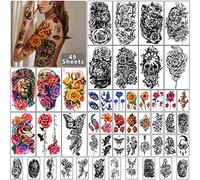 Yazhiji 49 feuilles Grandes Fleurs Crâne Tatouages Temporaires Imperméables Pour Femmes et Filles, Faux Tatouage Temporaire Tigre Loup Oiseau Réaliste pour Enfants ou Adultes 49sheets Multi Wolf