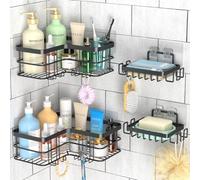 Yazoni Conner Shower Caddy 4-Pack, Étagères de Douche Adhésives avec Porte-savon Sans Perçage, Organisateur de Salle de Bain-douche en Acier Inoxydable Résistant à la Rouille, Montage Mural (Noir)