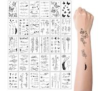 YAZWUR 30 feuilles Tatouages Temporaires, Fleurs, Papillons, Ailes Coquillage, Faux Tatouages Noirs pour Femmes, Filles et Enfants, Tatouage Ephemere 3D Imperméable, Kit Tatouage (Noir)