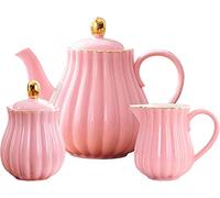 YBK Tech Ensemble à thé en porcelaine de style européen, théière en céramique, pot à lait et sucrier Rose