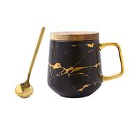YBK Tech Ensemble de tasses à thé en porcelaine pour thé de l'après-midi - Motif marbre (noir, 400 ml + couvercle en bois)