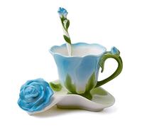 YBK Tech Ensemble tasse à café et soucoupe en porcelaine anglaise 3D Motif rose Bleu