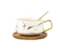 YBK Tech Ensemble tasse à thé en porcelaine pour thé de l'après-midi - Motif marbre (blanc, court 300 ml + soucoupe en bois)