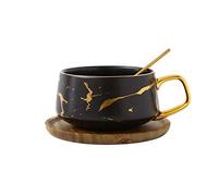YBK Tech Ensemble tasse à thé en porcelaine pour thé de l'après-midi - Motif marbre (noir, court 300 ml + soucoupe en bois)