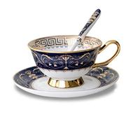 YBK Tech Euro Style Set de Tasses et Soucoupes en Porcelaine Osseuse, Tasse à thé et Café en Céramique pour la Maison, la Cuisine et le Mariage (Motif Royal - Bleu Foncé)