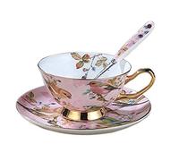 YBK Tech Euro Style Set de Tasses et Soucoupes en Porcelaine Osseuse, Tasse à thé et Café en Céramique pour la Maison, la Cuisine et le Mariage - Motif Oiseaux (Rose Clair)