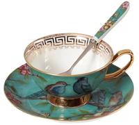 YBK Tech Euro Style Set de Tasses et Soucoupes en Porcelaine Osseuse, Tasse à thé et Café en Céramique pour la Maison, la Cuisine et le Mariage - Motif Oiseaux (Bleu)