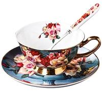 YBK Tech Style européen Chine Osseuse Set de Tasses et Soucoupes, pour le Thé et le Café, pour le Petit Déjeuner, la Maison et la Cuisine - Motif rose Classique (Bleu-gris)