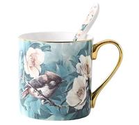 YBK Tech Tasse à thé en porcelaine anglaise pour la maison, la cuisine, le bureau - Motifs oiseaux (turquoise)