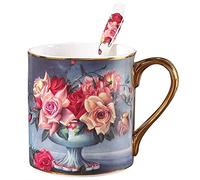YBK Tech Tasse à thé en porcelaine de Chine en os, tasse à café de 12 onces pour la maison, cuisine, bureau, motif à roses vintage (gris)