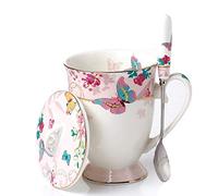 YBK Tech - Tasse à thé en porcelaine style européen avec couvercle pour petit déjeuner, cuisine, motif papillons, rose