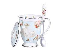 YBK Tech - Tasse à thé en porcelaine style européen avec couvercle pour petit déjeuner, cuisine, motif papillons, bleu