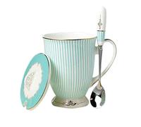 YBK Tech - Tasse à thé en porcelaine style européen avec couvercle pour petit déjeuner, cuisine, motif rayé, bleu