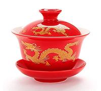 YBK Tech Tasse à thé et soucoupe en porcelaine avec couvercle style Gaiwan pour le Gong Fu Cha Motif dragon chinois traditionnel