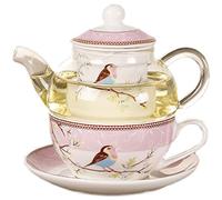 YBK Tech Théière en verre avec infuseur en porcelaine, tasse et soucoupe, théière et tasse à thé pour une personne (rose)