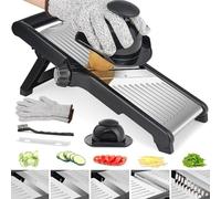 YC Kitchen Mandoline à légumes réglable 5 en 1 en acier inoxydable | tranches, juliennes et frites. Comprend des gants et une brosse de nettoyage, idéal pour les oignons et les tomates