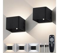 YCZM Applique Murale à Dètecteur de Mouvement avec Télécommande,Lumière Murale Sans Fil LED,3 Couleurs,Applique Murale Haut et bas,Batterie Rechargeable 4000mAh,Alimentation par Batterie Noir 2 Pack