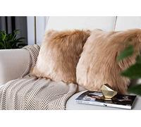 YDFYX Housse de Coussin,Peau de Mouton Fourrure Cuir Taie d'oreiller,Fausse Fourrure Deluxe Décoratif Canapé Chambre Lit Super Doux Peluche Mongolie Taie d'oreiller (2Pcs Beige, 45X45 cm)