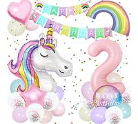 YeahBoom 2 an Decoration Anniversaire Licorne Fille, Kit de Ballons Licorne, 22 Pièces, 2 Couleurs, Ballons Numéro 2, Bannière Joyeux Anniversaire, Fête Prénatale, Filles, Unisex