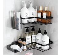YEAPUPE PRO Étagère de douche adhésive - Lot de 5 pièces avec porte-savon, porte-brosse à dents, panier et 2 étagères d'angle - Sans perçage - Idéal pour salle de bain - Noir