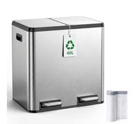 YEAUPE PRO Poubelle Cuisine 40L (2×20L) à Pédale, Poubelle Tri Sélectif Recyclage Double Compartiment Inox, Couvercle Soft Close Silencieux, 2 Seaux Amovibles Intérieurs, Anti-Odeurs,15 Sacs Poubelles